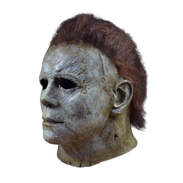 Left side view, mask, head and neck. Aged and distressed white skin, dark brown hair.