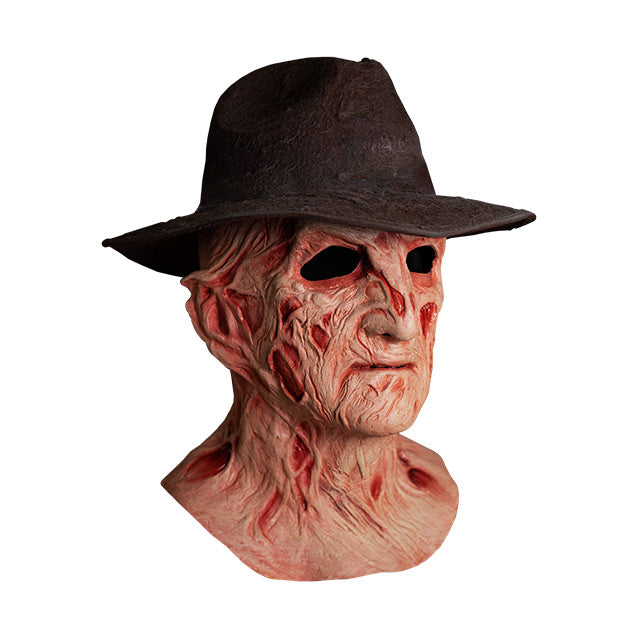 Right side view, Freddy Krueger mask, wearing dark brown Fedora hat, head and neck, burnt skin, wrinkled with scars and sores.
