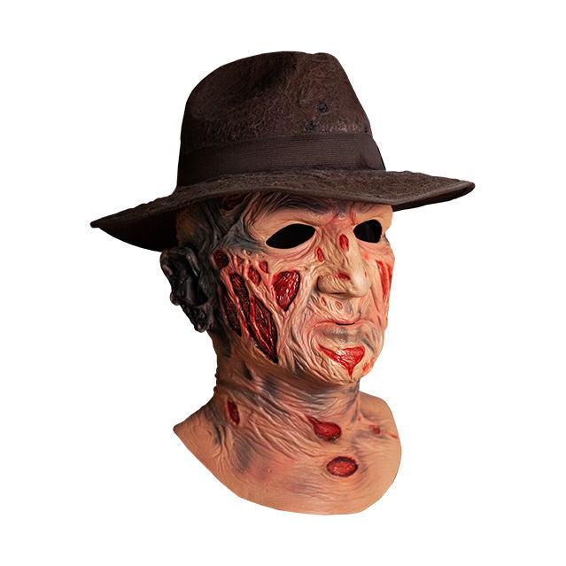 Right side view, Freddy Krueger mask, wearing brown Fedora hat, head and neck, burnt skin, wrinkled with sores.