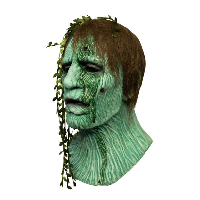 Left side view, Creepshow Harry Mask. Head and neck of man. Red brown straight hair, with seaweed in it, green wrinkled mossy skin, eyes appear closed. hole in cheek and forehead oozing dried green fluid.