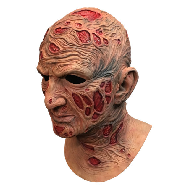 Left view, Freddy Krueger mask, head and neck, burnt skin, wrinkled with sores.