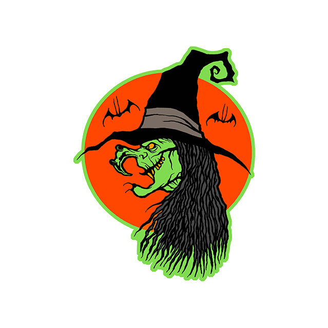 Wall decor, Orange circle background with bat silhouettes, Green creepy witch left side profile, black hat with curly point, long black hair.     
