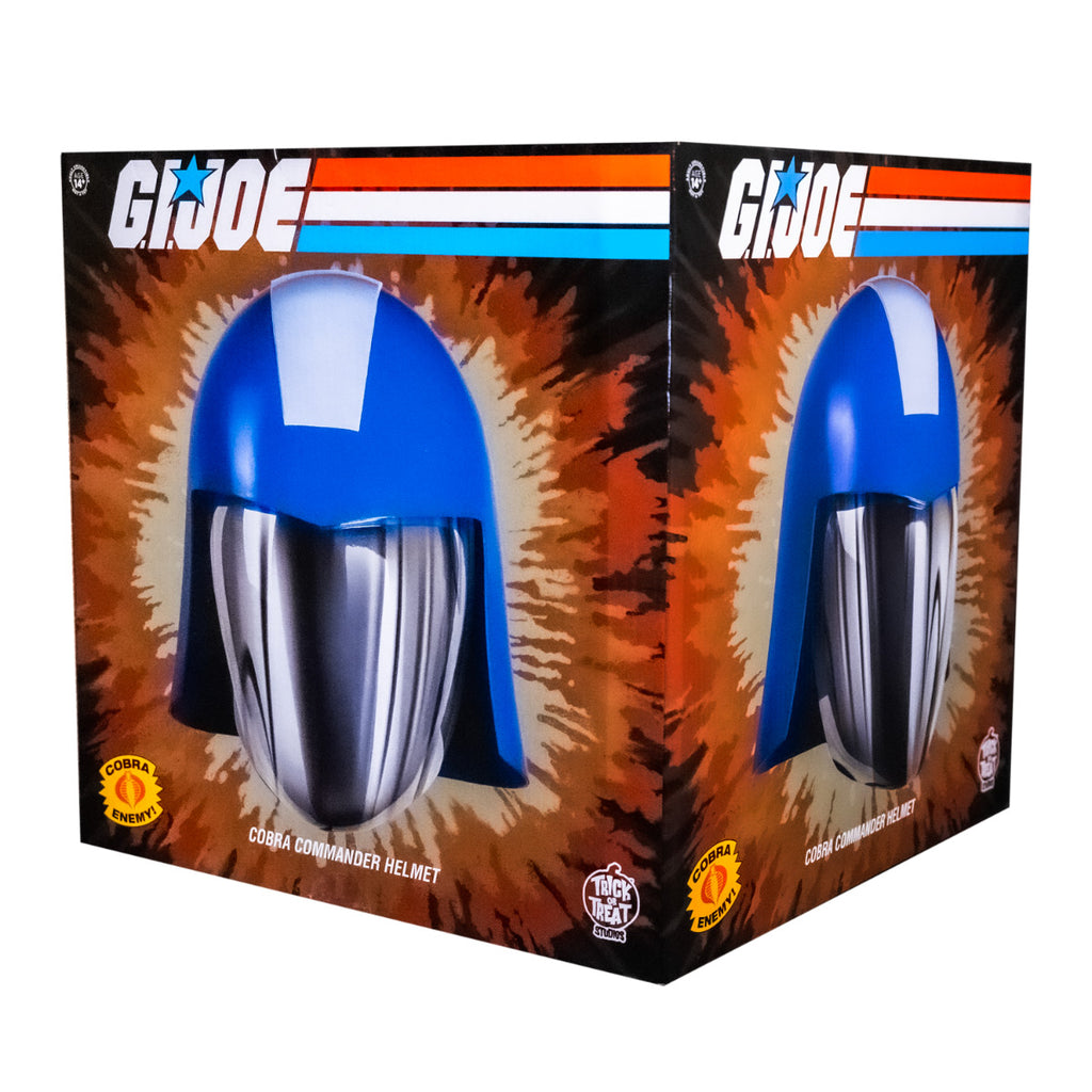 Product packaging box, back view. G.I. Joe Cobra Commander Helmet. Blue and gray helmet, with mirrored face shield. 