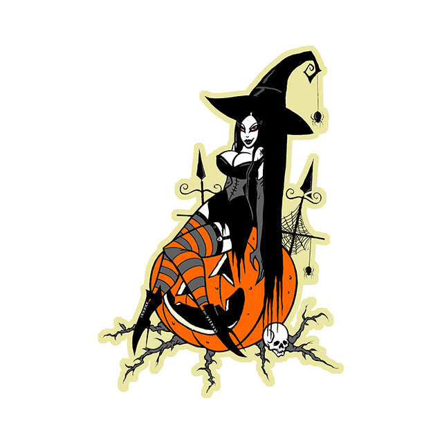 Wall decor, sexy witch wearing large hat with spider hanging from curly point, sitting on orange jack o' lantern, wrought iron fence in background, small white skull at bottom. 