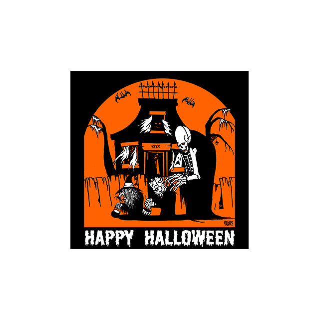 Wall decor, Black and orange background, black haunted house bats and creepy trees behind wooden fence, small witch small Frankenstein-like monster large skeleton man trick or treating in foreground, white text at bottom reads Happy Halloween. 