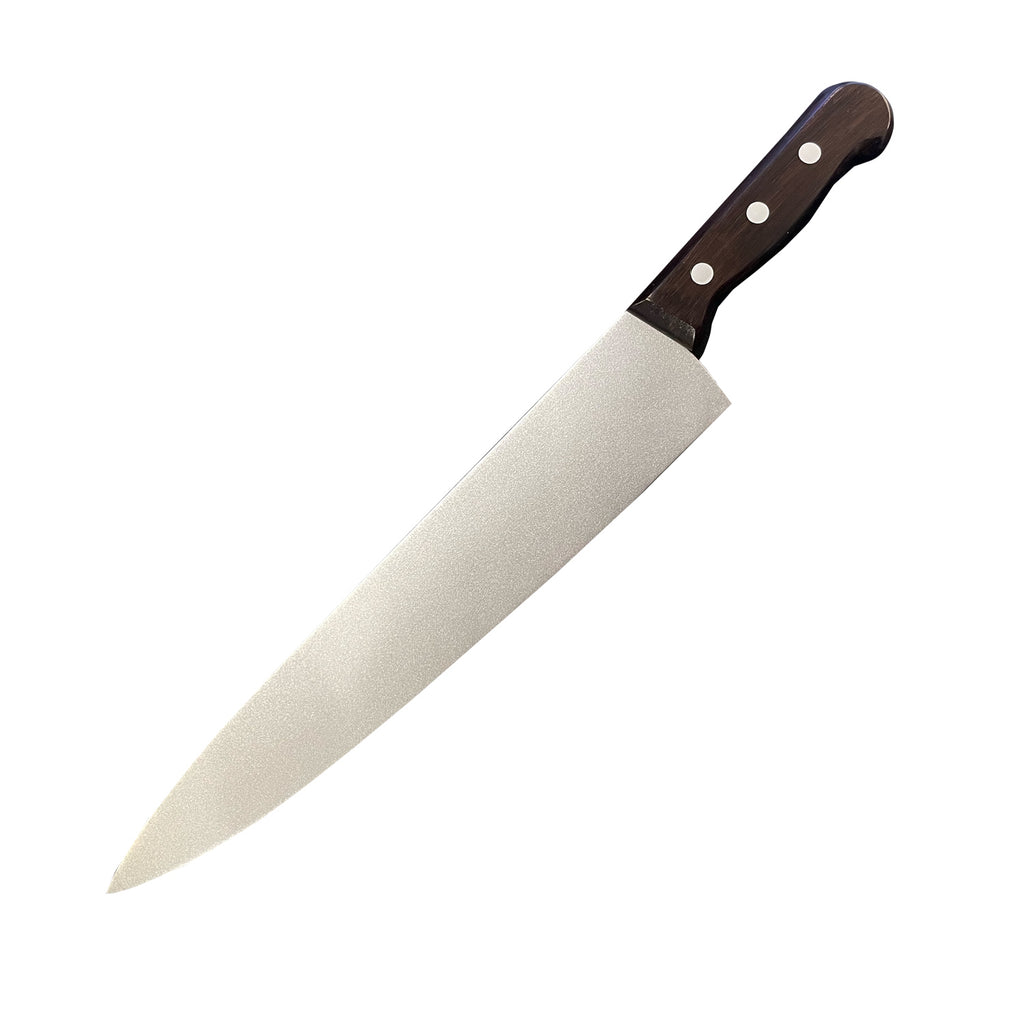 Butcher knife prop. dark brown wood-grained handle with silver rivets. Large silver blade.