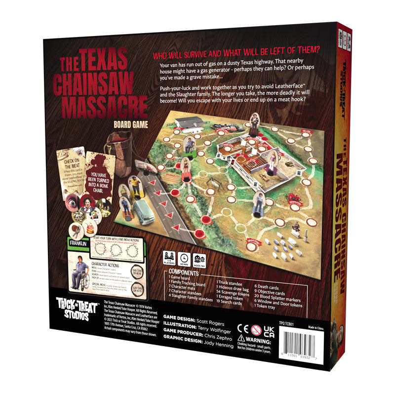 Board game box, back.  Red text reads, The Texas Chainsaw Massacre. White text reads Board Game. Game description. Game board and game pieces shown. Artist, manufacturing and licensing information.