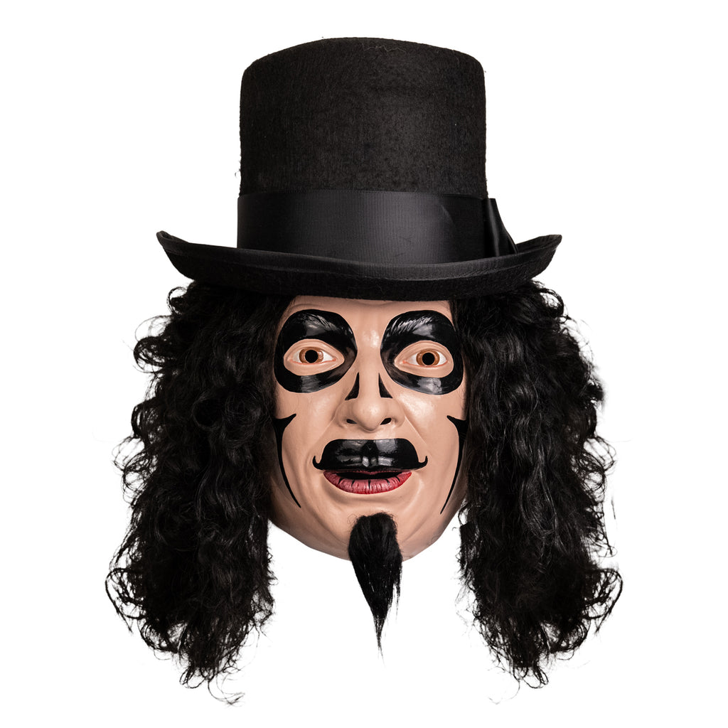 Mask, front view.  Man, long, black, curly hair, black top hat, long black goatee, brown eyes. Black face paint, circles around eyes, small triangles on either side of bridge of nose, curved lines on cheeks, large painted on moustache.