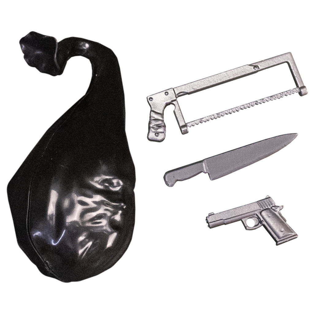 Accessories. Black trash bag, silver saw, silver kitchen knife, silver pistol.