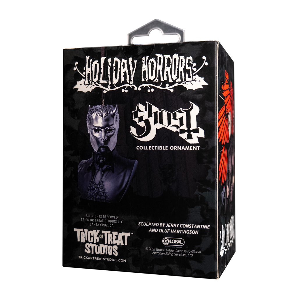 Product packaging, back. Black box. Shows image of ornament. White text reads Holiday Horrors, Ghost, Collectible Ornament. Manufacturing and licensing information..