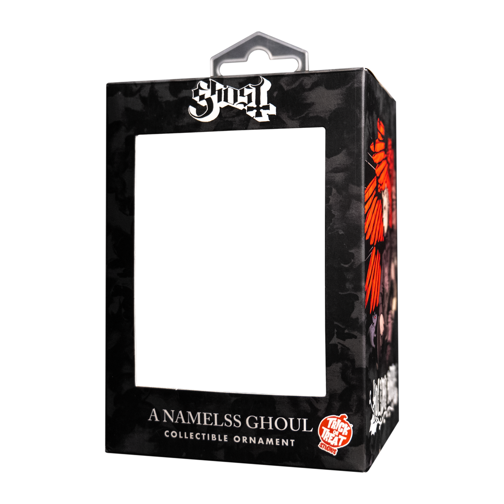 Product packaging, front. Black Window box.  White text reads Ghost, A Nameless Ghoul, Collectible Ornament.  Orange and white Trick or Treat Studios logo.