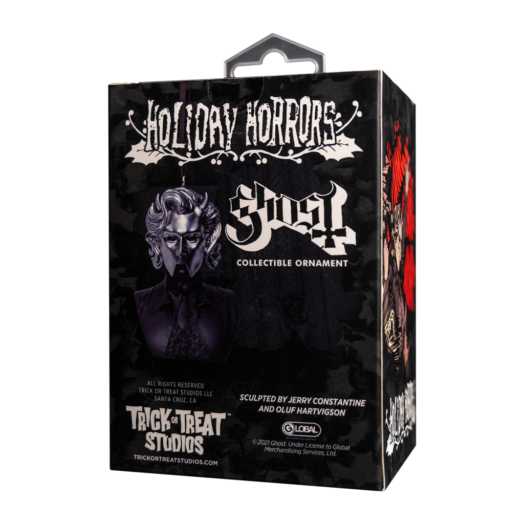Product packaging, back of box showing ornament. Text on box reads Holiday Horrors, Ghost, collectible ornament. Manufacturing and licensing info