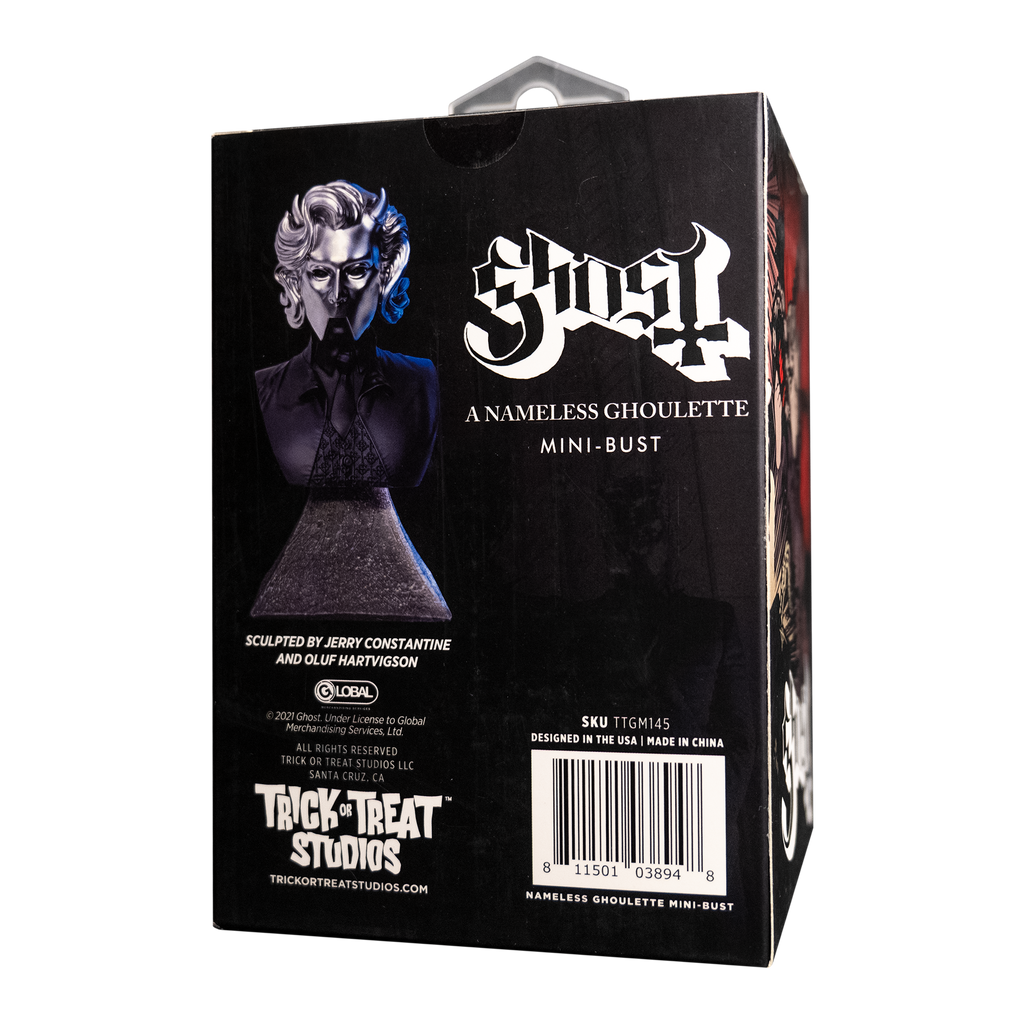 Product packaging, back of box with Ghost, Nameless Ghoul mini bust. Head neck and chest of woman, wearing chrome facemask with horns on face. Black shirt, tie and vest under black jacket. Set on gray stone textured base. Text on box reads Ghost, A Nameless Ghoul mini bust.  Manufacturing and licensing info
