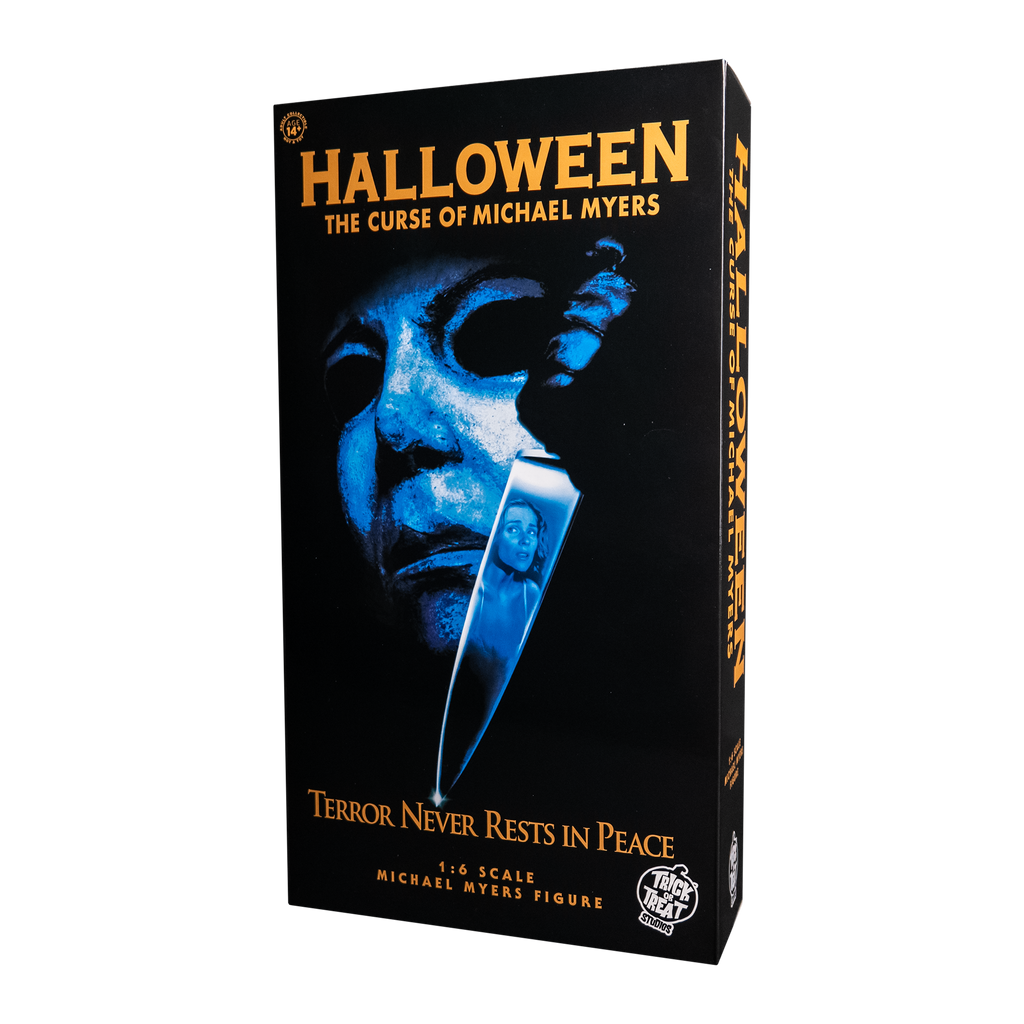 Product packaging, front. Black box. Text reads Halloween The Curse of Michael Myers, Terror Never Rests in Peace,1/6 scale Michael Myers Figure. White Trick or Treat Studios logo.