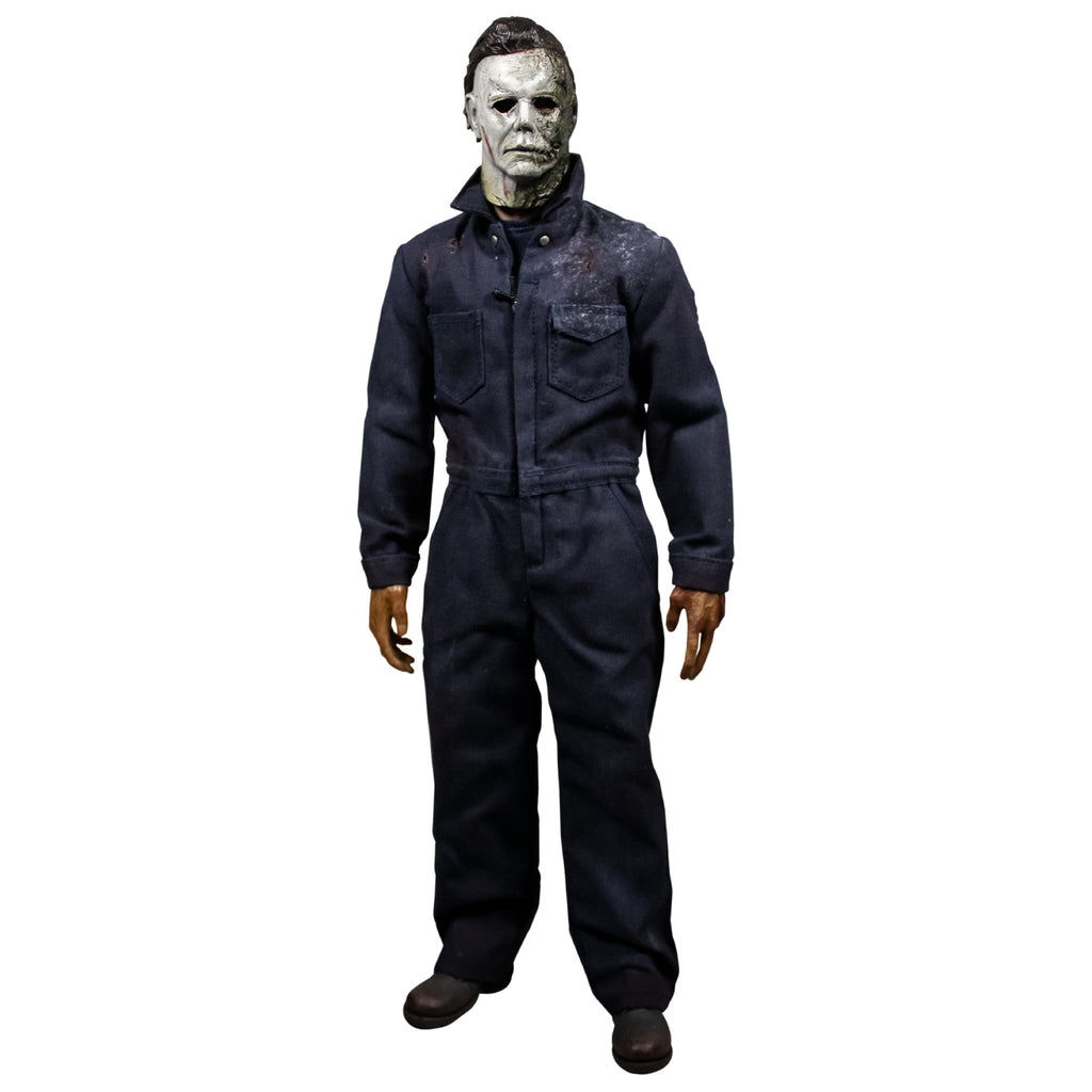 Front view, Michael Myers 12 inch action figure.  Wearing Halloween kills mask, blue coveralls, black boots.