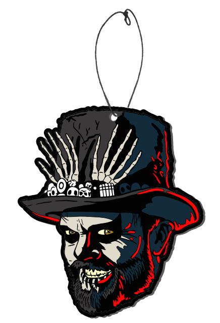 Air Feshener. Head of man, Dr. Death. Wearing tall black hat, decorated with small skulls and skeleton hands. Pale gray face has orange eyes, thick black eyeliner, menacing smile, black full beard. Red highlights around edges.
