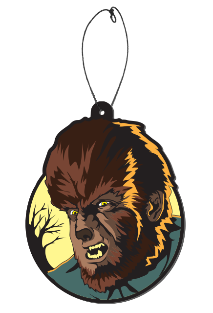 Air freshener.  Brown furry werewolf face, yellow eyes, wearing blue collared shirt.  Pale yellow background with bare tree.  