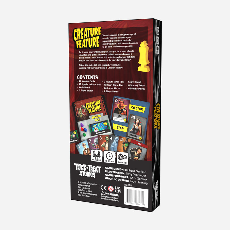 Game box, back, description of game and contents. Manufacturing and licensing information