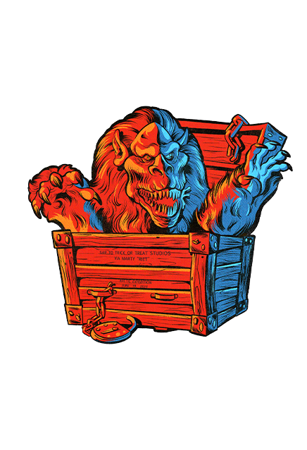 Static wall decor, Stylized design.  Orange and blue, crate beast coming out of crate. 