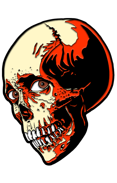 Enamel pin.  Evil Dead, poster skull. Beige and red skull, white teeth, brown eyes.