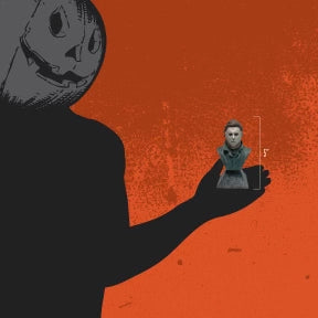 Orange background. Person in black with jack o' lantern head holding mini bust to show size, 5 inches