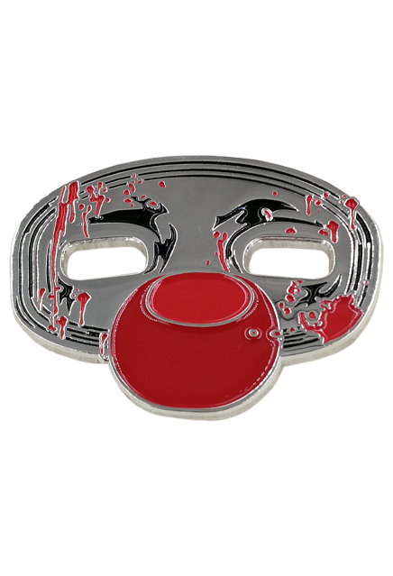 Enamel pin.  Clown face mask, silver, big red nose and blood splatter.