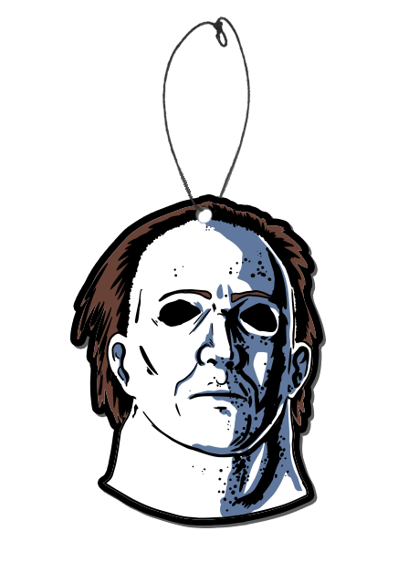 Air Freshener. Halloween 5 mask, head and neck. Gray and white face, dark brown hair.
