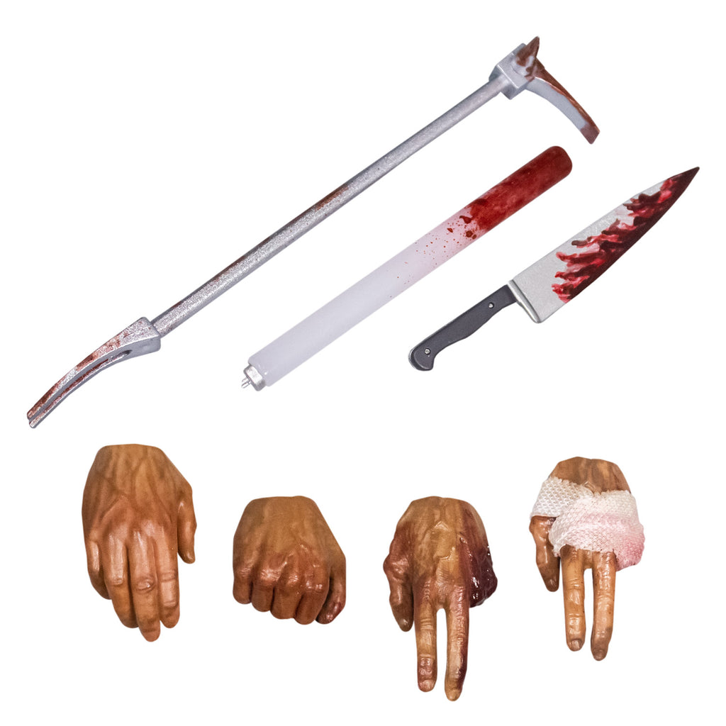 Additional accessories. Bloodied breaching tool, bloodied fluorescent bulb, bloodied butcher knife.  Open right hand, closed right hand, left hand missing last two fingers, bandaged left hand missing last two fingers.