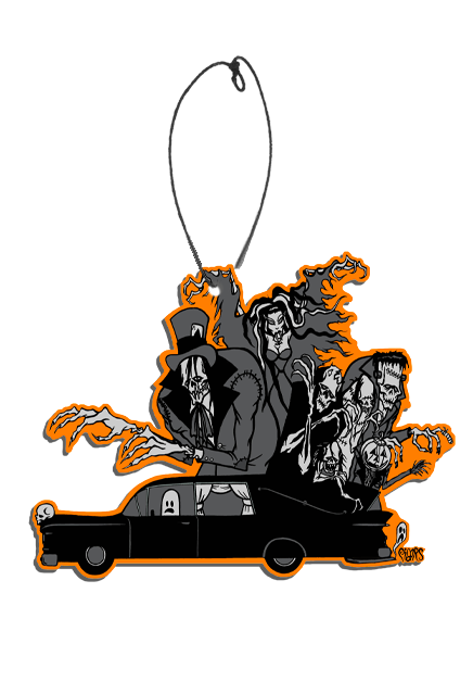 Air freshener.  Black and white illustration and orange outline.  Black hearse car being driven by a small sheet ghost.  Several monster and ghouls coming out of the top of the car.
