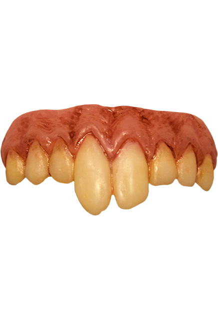 Costume teeth, top teeth only. Yellowed teeth with large buck teeth in center, pink gums.