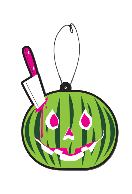 Air freshener.  Green watermelon with pink and white jack o' lantern eyes, nose and mouth.  Pink-handled kitchen knife stabbed into top left of watermelon.