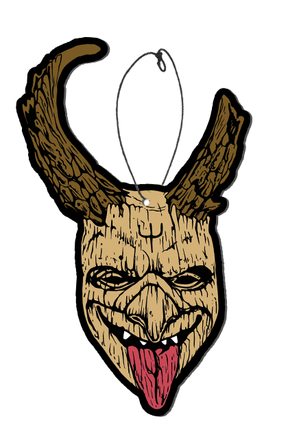 Air freshener. Wood textured elf face, with symbol on forehead, smiling showing teeth, tongue hanging out. two antlers, left antler broken,
