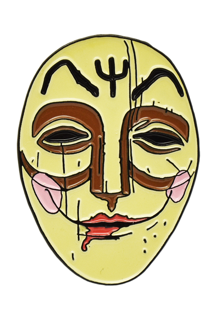 Enamel pin.  Pale yellow face, black eyebrows, eyes and symbol on forehead, pink spots on cheeks, dark pink lips.