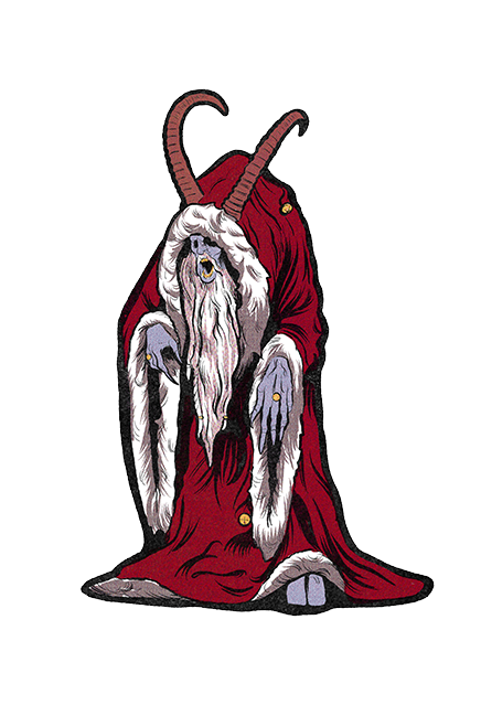 Wall decor.  Krampus, creature with long horns grey face, long white beard, grey hands with claws.  Wearing white trimmed red robe.