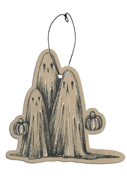 Air freshener.  black and white illustration of three sheet ghosts, two are holding pumpkin trick or treat candy buckets.