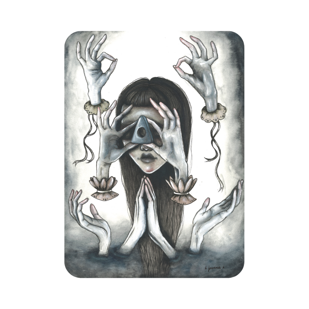 Wall decor. Black and white illustration. Woman holding traiangle with hole in the middle in front of her face, multiple hands in various positions around her.