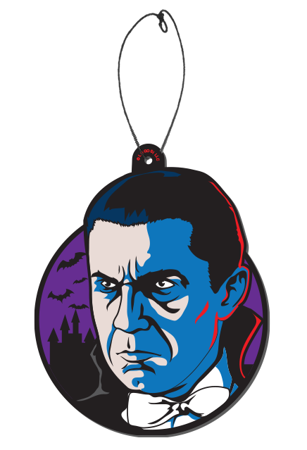 Air freshener. Bela Lugosi as Dracula head and neck. Black hair, blue and white face with red outline accents. Wearing cape with standing collar, white shirt and bowtie. Purple background with black bats and castle.