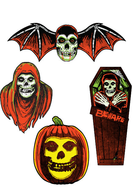 Wall decor, 4 pieces, orange, white, black and green. Top, Misfit fiend face with bat wings.  left center, hooded Misfit Fiend. Right Misfit fiend in coffin, orange text reads Beware.  Bottom, jack o' lantern with carved Misfits Fiend face.