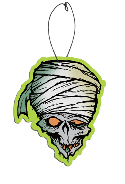 Air freshener. Illustration, light green background. Bandaged head, wrinkled gray flesh. Misaligned pale orange eyes. No nose, pinched lower face, broken yellow teeth.  Stiches on left cheek.