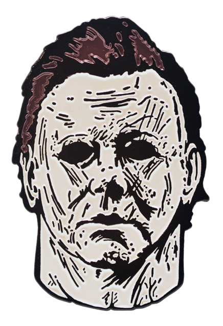 Enamel pin.  Michael Myers head and neck.  Weathered skin, brown hair.