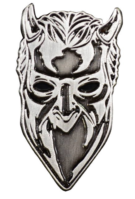 Antique Nickel enamel pin, Nameless ghoul mask. male face, 2 horns on forehead. Blank spot where mouth would be, pointed chin.