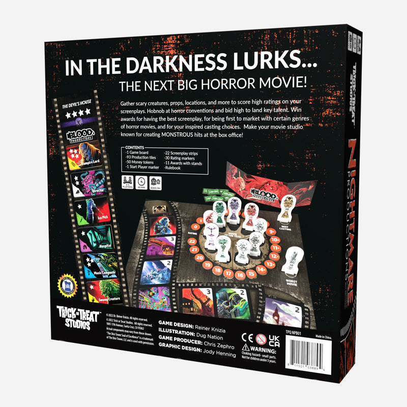 Product packaging, Back.  Showing game board and pieces.  Text reads In the darkness lurks the next big horror movie.  Manufacturing and licensing information.