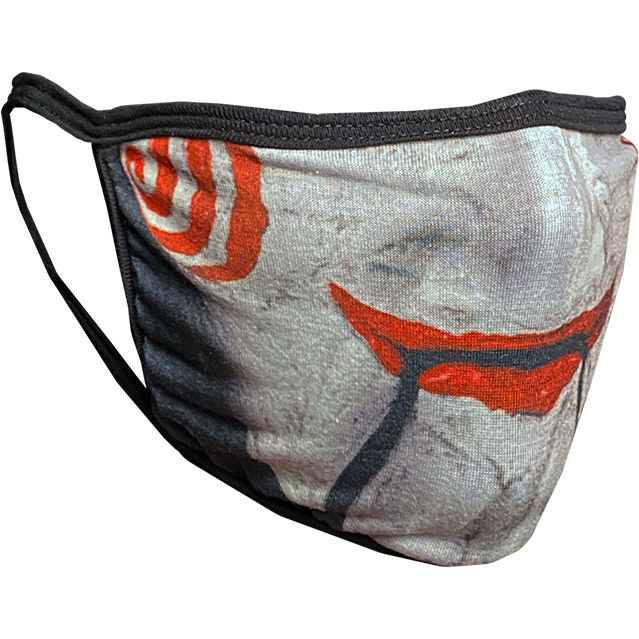 PPE mask, right side view, printed with image of nose and mouth of Saw, Billy Puppet mask.