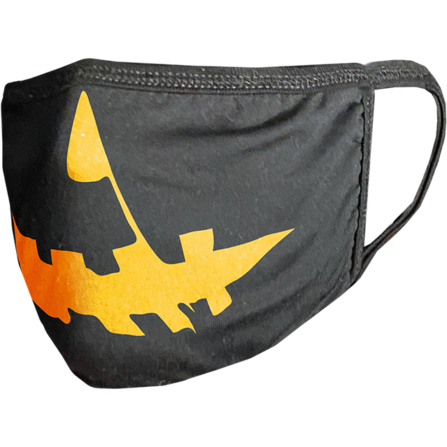 PPE mask, left side view, printed with orange jack o' lantern nose and mouth on black background.