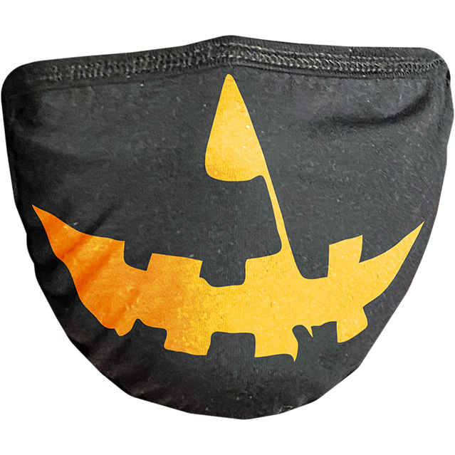 PPE mask, front view, printed with orange jack o' lantern nose and mouth on black background.