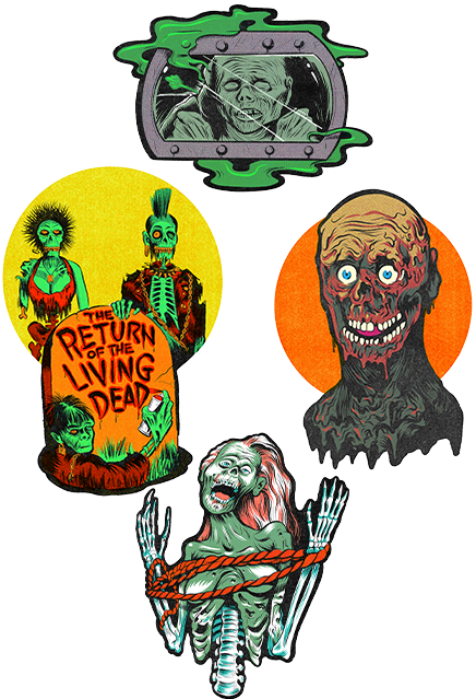 Wall decor, 4 pieces. Top center, Gray and green illustration of zombie.  Center left, Yellow circle background, two zombies behind gravestone, zombie in front of gravestone.  Center right, orange circle background, Tarman zombie in front.  Bottom center, green skeletal zombie, long pink hair, arms and torso bound in orange cord.
