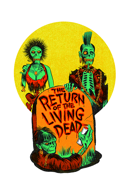 Wall decor. Illustration of  Yellow circle background, green Trash zombie, orange eyes, teeth, necklace, tank top and skeletal pelvis, next to green Mohawk zombie, skeletal chest and hand. Orange eyes teeth, hoop earring, spiked collar, coat and chains, right hand holding gravestone.  Foreground green zombie in front of orange gravestone, can of spray-paint in right hand, painted text reads The Return of the Living Dead.