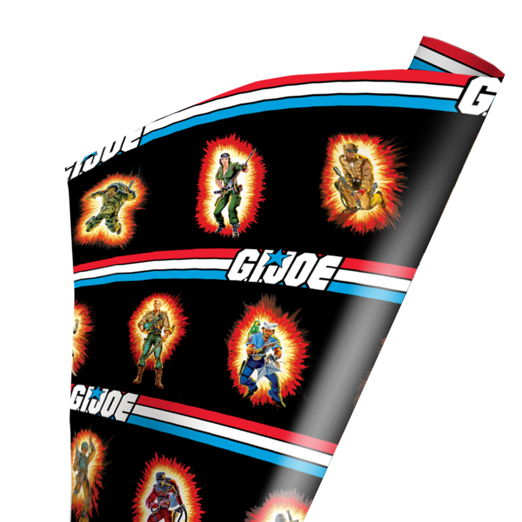 G.I. Joe Heroes wrapping paper.  Black background, red white and blue stripes, text G.I. Joe.  multiple individual figures of G.I. Joe heroes.
