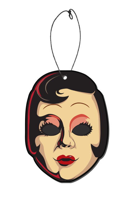 Air freshener. Illustration of The Strangers Prey at Night Pin up Girl.  Short black hair with curl on right side of forehead and at cheeks.  Thin penciled eyebrows, large empty black eyes with spiky eyelashes, small round red lips. Red highlights on left side of air freshener.