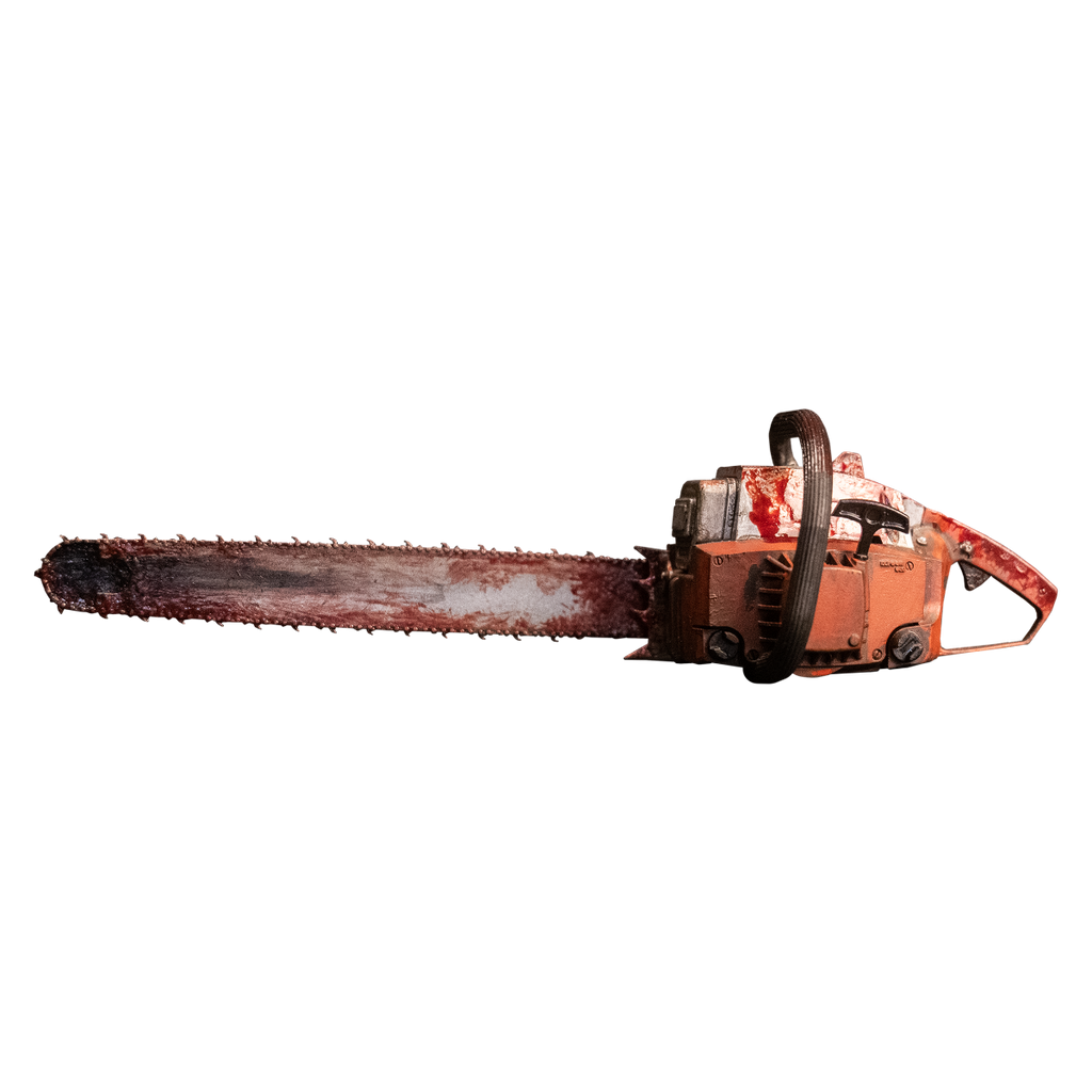 Chainsaw accessory. Orange machine body, black handle. Bloodstained bar and chain.